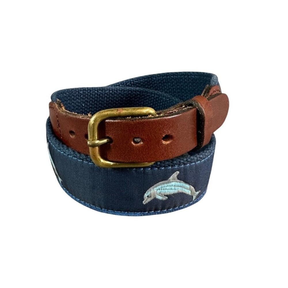Leather Man Limited Blue Canvas Brown Leather Belt Solid Brass Buckle USA Sz 26